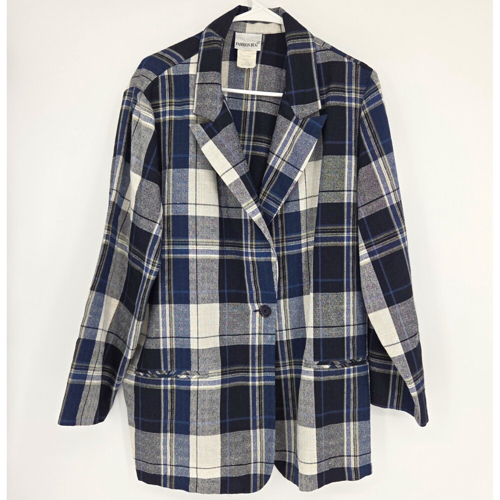 Vintage Fashion Bug Oversized Plaid Blazer Jacket  Navy Blue & Cream Size 18/20
